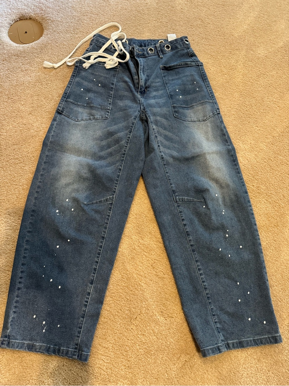 Wide Leg Dark Wash Jeans with Paint Splatter